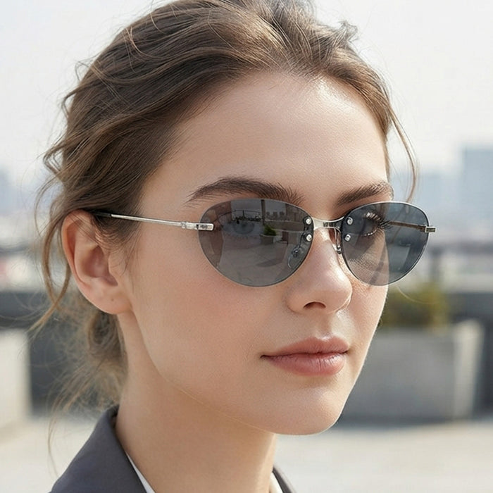 Wholesale Retro Oval Rimless Sunglasses UV400 Silver Frame Gray Lens Fashion Accessory