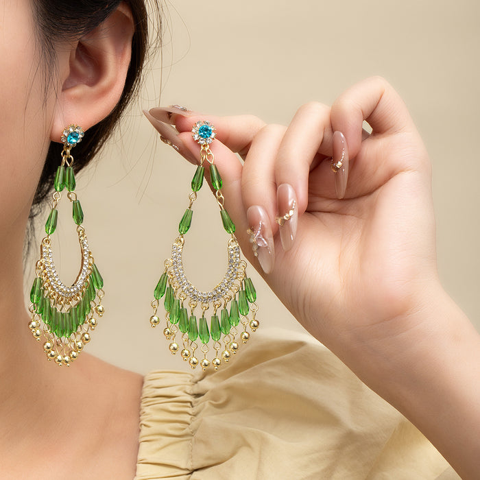 Wholesale Retro Bohemian Long Tassel Drop Earrings Heavy Industry Creative Ethnic Style Diamond-Encrusted High-End Earrings