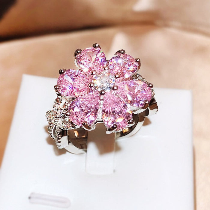Wholesale Cross-border hot sale fashion light luxury pink heart-shaped zircon ring female sweet super shiny pink diamond flower ring bracelet
