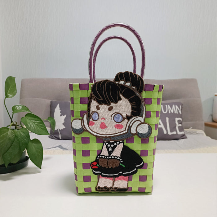 Wholesale Cat Vacation Casual Woven Bag Cute Cartoon Embroidered Bag