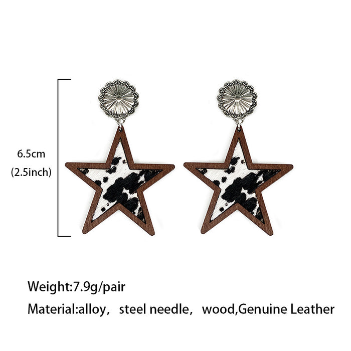 Wholesale Western Denim five-pointed star Natural genuine leather earrings leopard print milk pattern inlaid earrings