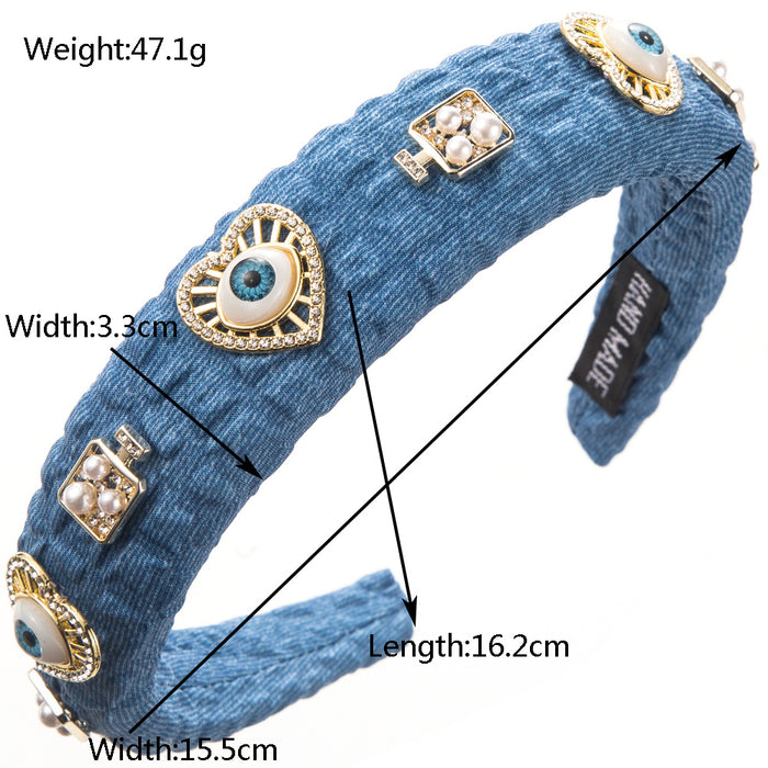 Wholesale Retro denim fabric alloy heart-shaped pearl-encrusted evil eye headband