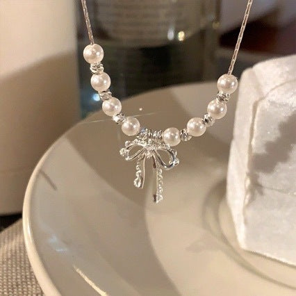 Wholesale Lace Bow Pearl Necklace Chic Women' s Collarbone Chain Jewelry