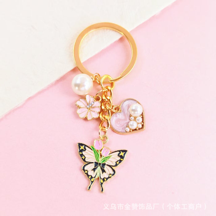 Wholesale Butterfly Flower Keychain Mother' s Day Metal Bag Pendant Exquisite High-end Pearl Flower Gift