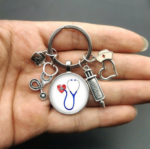 Wholesale Nurse Stethoscope Medical Syringe Picture Glass Cabochon and Glass Dome Keychain JDC-KC-HaoH010