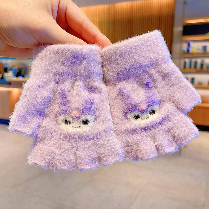 Wholesale Children' s Gloves Autumn and Winter Warm Cute Cartoon  Girls'  Half-Finger Flip Cover Baby Thickened Warm Five-Finger Set