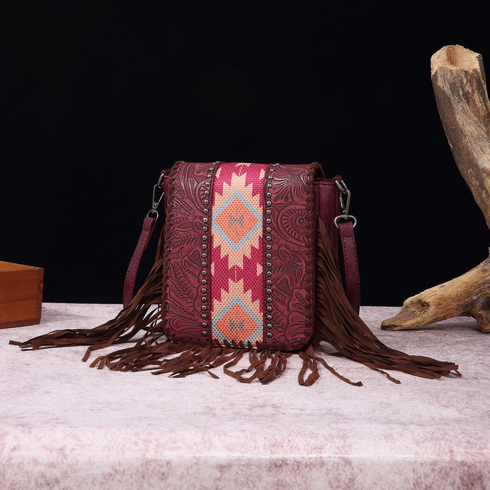 Wholesale Retro cotton and linen printed bohemian style leather carved shoulder crossbody women' s bag