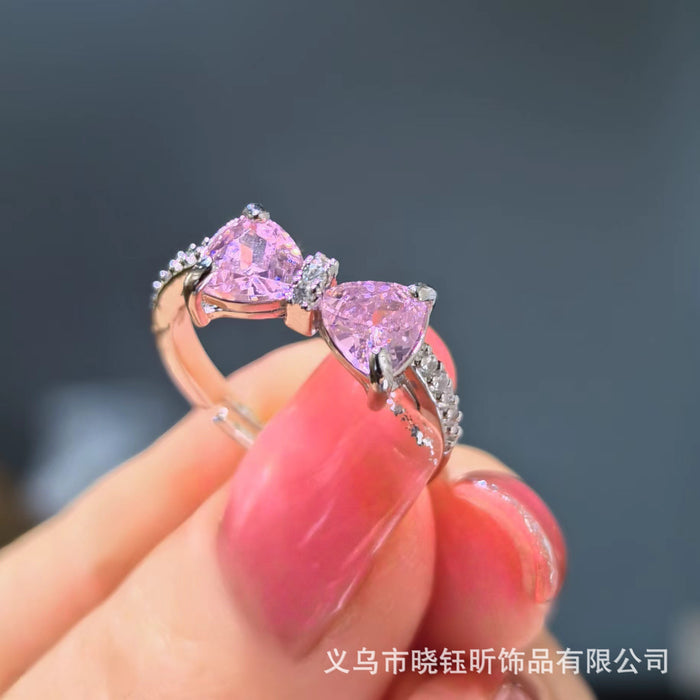 Wholesale Pink zirconium bow ring, niche design, light luxury, versatile, exquisite adjustment, romantic ring
