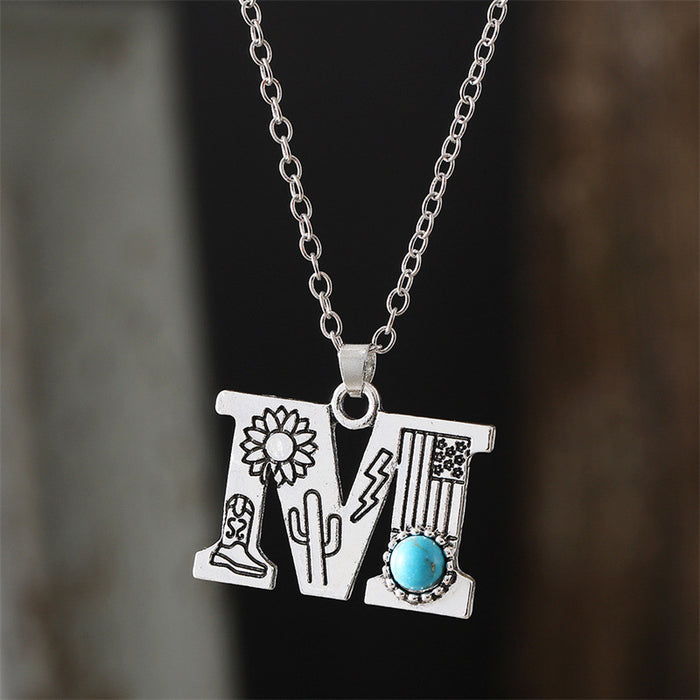 Wholesale 2pcs Retro 26 English Letter Turquoise Necklace