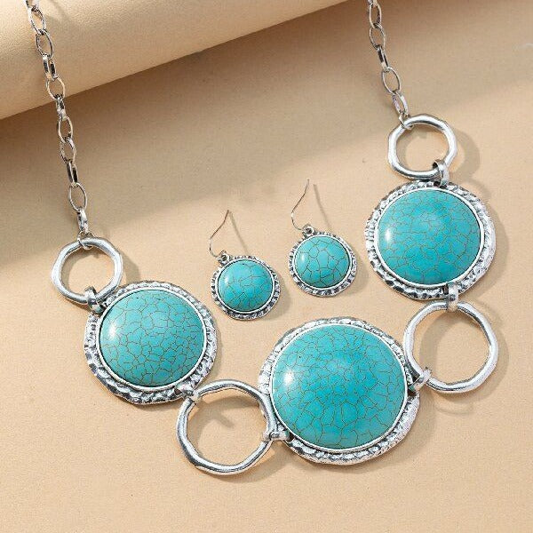 Wholesale Bohemian Vintage Round Turquoise Necklace and Earring Set MOQ≥2