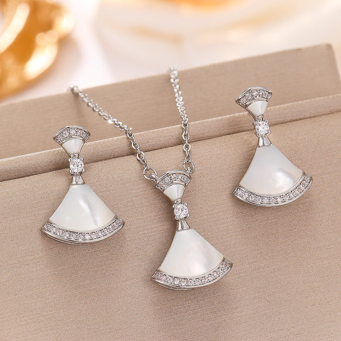 Wholesale high version small skirt necklace earrings clavicle chain fan-shaped white fritillary suit