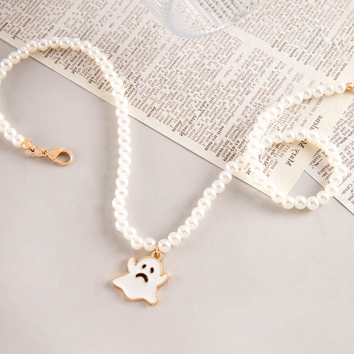 Wholesale Ghost Pendant Necklace White Imitation Pearl Chain Trendy Fashion Accessory MOQ≥2