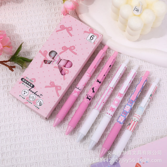 Wholesale 6pcs/ box Ballet Bow Brush Pen ST Quick-drying Gel Pen ' s Heart Pressing Black Pen Student Cartoon Printing Pen