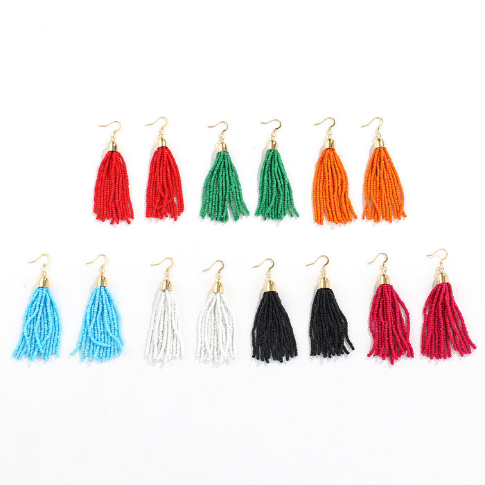 Wholesale Retro ethnic style handmade beaded earrings women' s elegant all-match Bohemian colorful tassel rice beads earrings