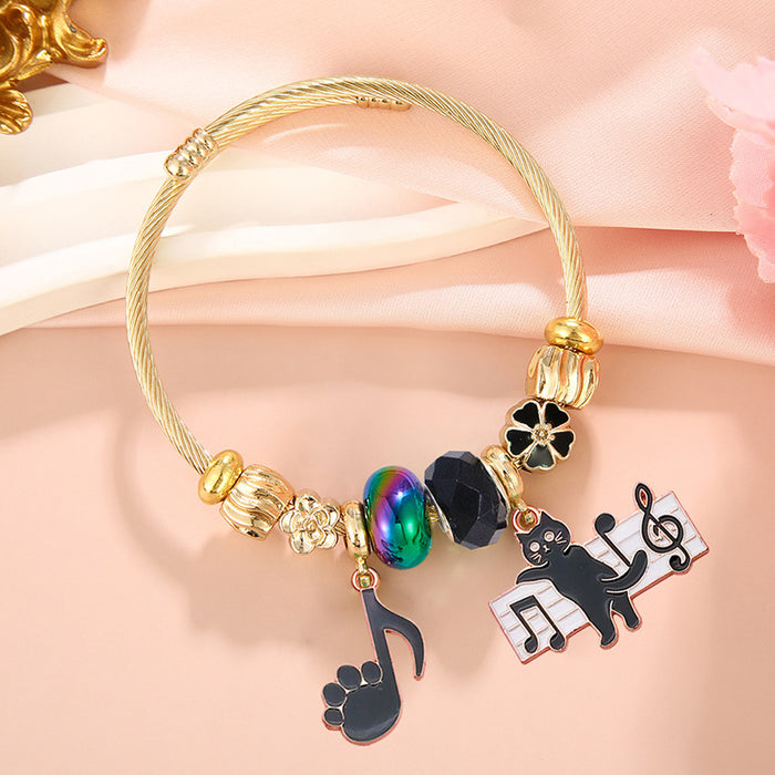 Wholesale Cute Cartoon Black Cat Pendant Stainless Steel Open Adjustable Bracelet Jewelry MOQ≥2 Accessory for Women