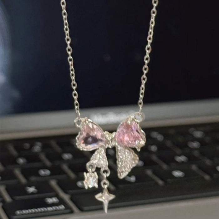 Wholesale Retro necklace with starry zircon bow, niche temperament, high-end feel, simple and luxurious necklace
