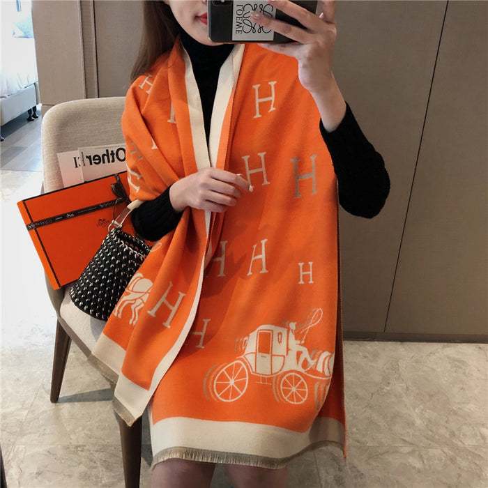 Wholesale H Carriage Medium Length Imitation Cashmere Scarf Korean Retro Neck Thick Warm Female Shawl JDC-SF-Yunt004