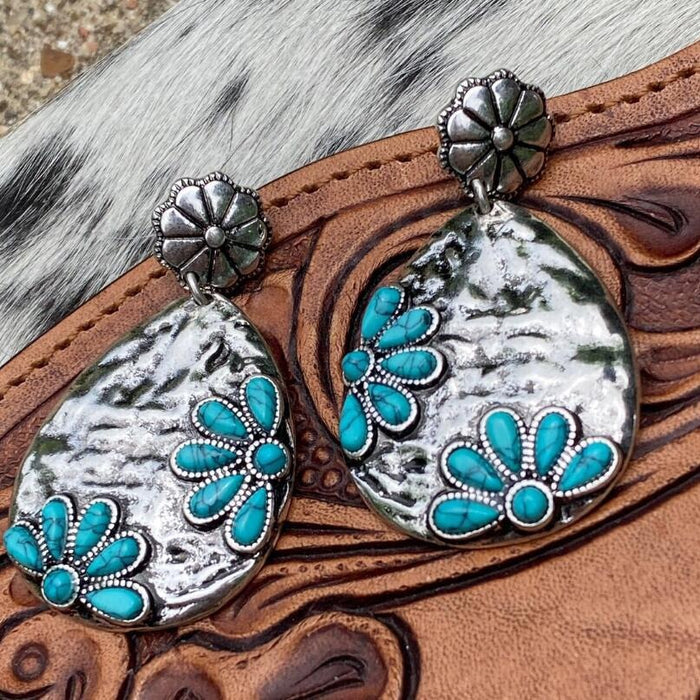 Wholesale Water droplet alloy inlaid turquoise earrings with retro style earrings and earrings
