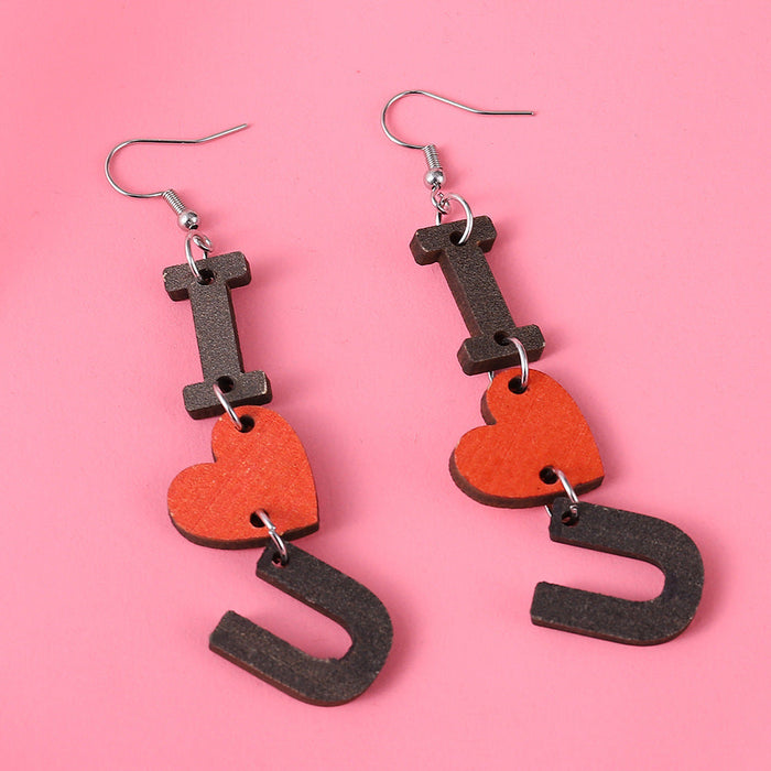 Wholesale Earrings Wooden I Love You Valentine Heart Letter Earrings  JDC-ES-ChL002