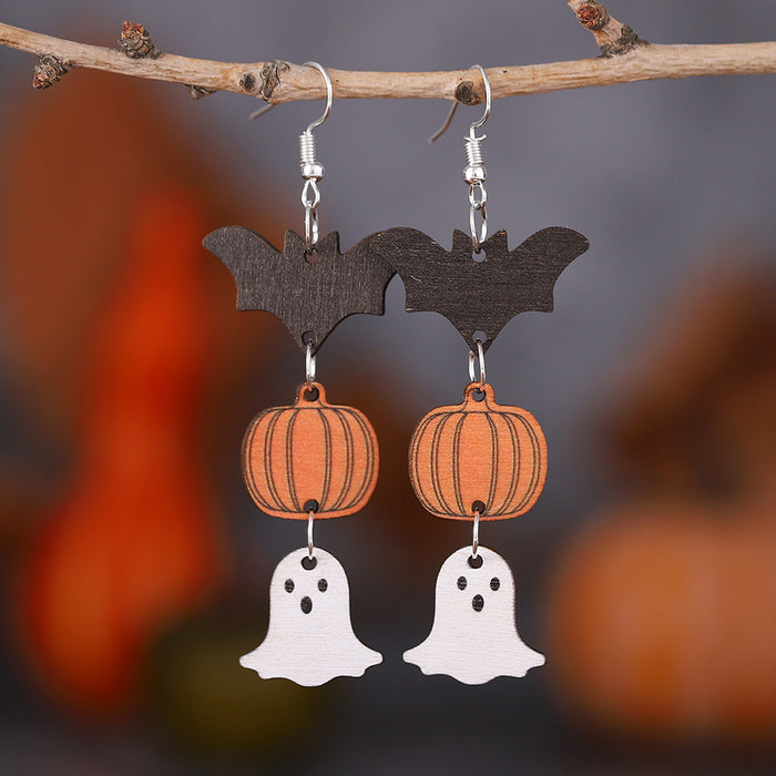Wholesale  ghost pumpkin bat earrings female personality earrings double-sided wooden earrings earrings