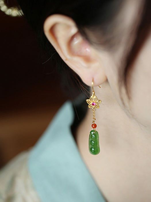 Wholesale Pure silver antique gold flower inlaid long tassel jade earrings earrings earrings earrings earrings