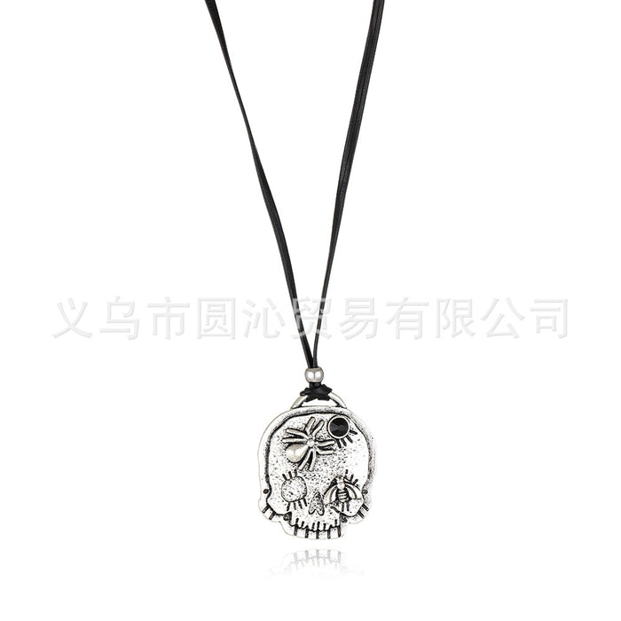 Wholesale Personalized skull pendant necklace adjustable long black leather rope sweater chain