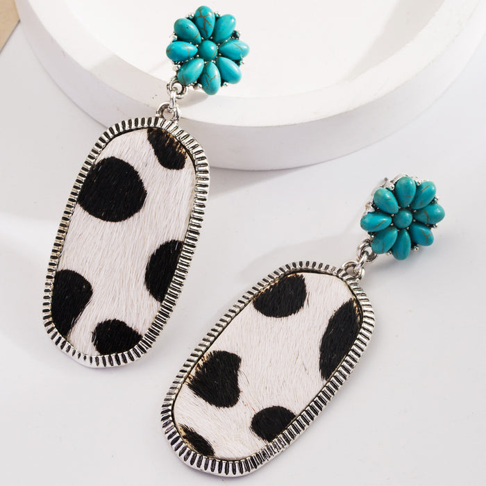 Wholesale Turquoise milk-textured leather earrings with diamonds and openwork design