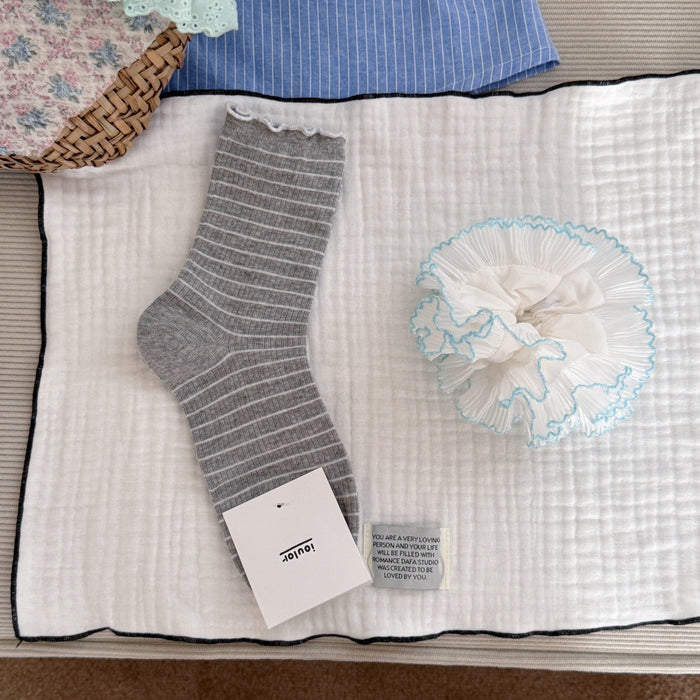 Wholesale Curled striped socks, mid tube socks, boneless socks, cotton socks