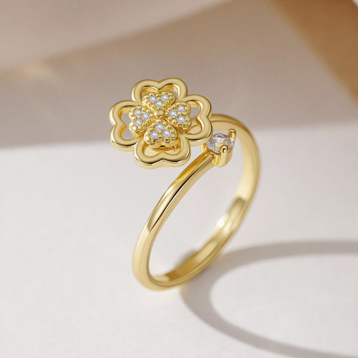 Wholesale Eco-Friendly Copper Plated Four-Leaf Clover Rotating Adjustable Ring