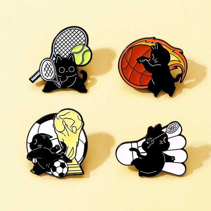 Wholesale Sports Cat Brooch Badge Cute Black Cat Badminton Tennis Football Basketball Schoolbag Decoration Oil-Drip Zinc Alloy
