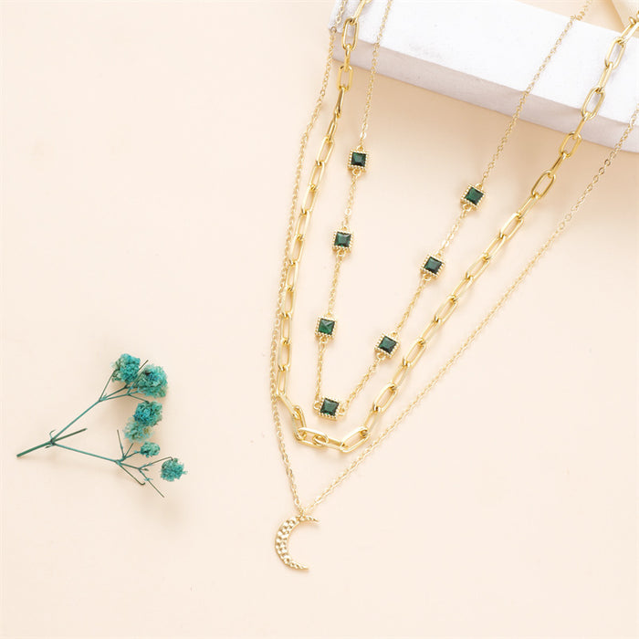 Wholesale Zircon triple layered necklace, personalized temperament, fashionable copper plated pendant necklace