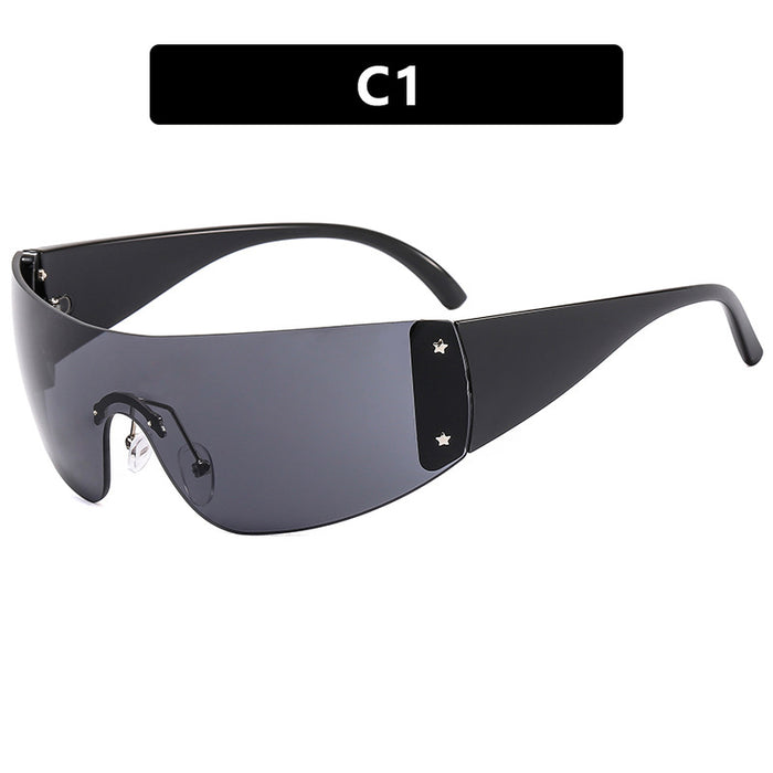 Wholesale Frameless one-piece sunglasses, pentagram sunglasses, sports glasses
