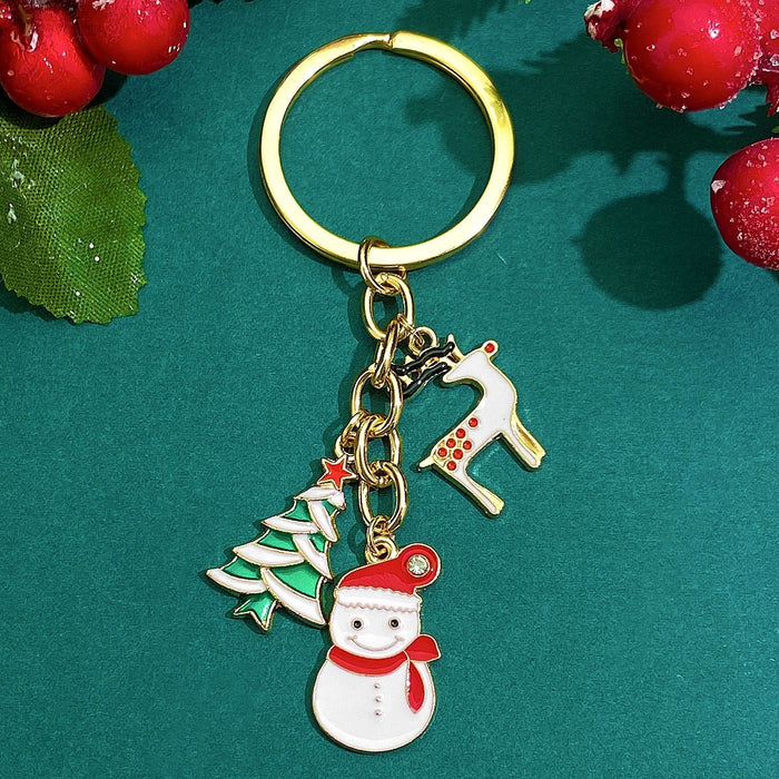 Wholesale Christmas Snowman Elk Rhinestone Keychain Alloy Gold Plated Decorative Bag Charm