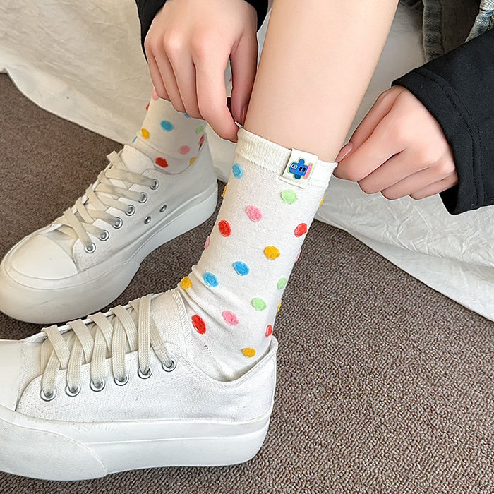 Wholesale Colorful fabric label socks, mid tube socks, polka dot striped sports and casual socks
