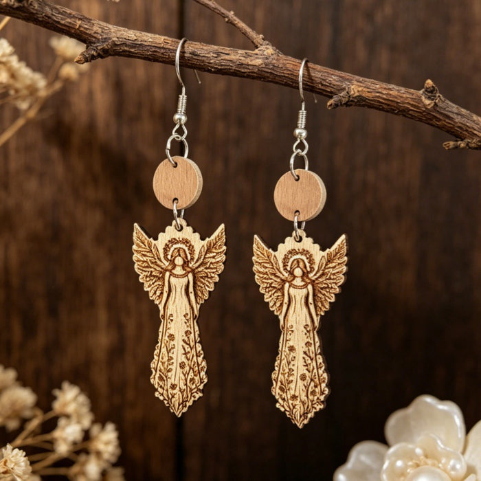 Wholesale Wooden Earrings Printed Angel Floral Bohemian Double Layer Jewelry Accessory