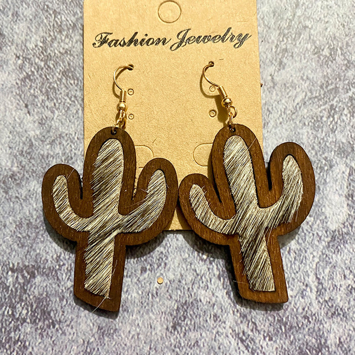 Wholesale Western genuine leather earrings vintage horsehair inlaid cactus wood earrings jewelry