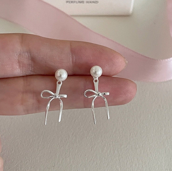 Wholesale Simple Ribbon Bow Earrings Front and Back Pearl High-grade Earrings Niche Elegant All-match Sweet Earrings