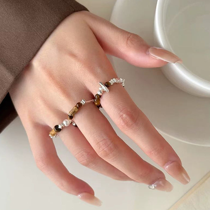 Wholesale  Vintage brown tiger eye stone broken silver beaded ring Joker ring jewelry