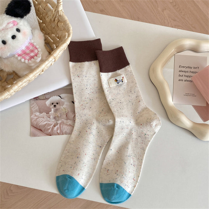 Wholesale Gray cloth label color blocked puppy mid tube socks cartoon pile socks