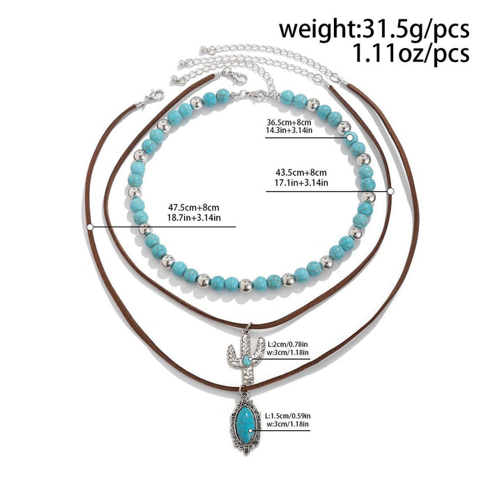 Wholesale Western Cowboy Pine Stone Necklace Stacked Set Necklace Cactus Boots Pendant Ethnic Style Retro Necklace