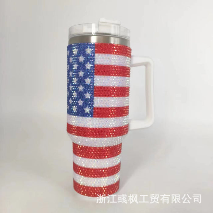Wholesale Rhinestone Flag Bow Design 40oz Stainless Steel Insulated Car Cup with Handle MOQ≥2