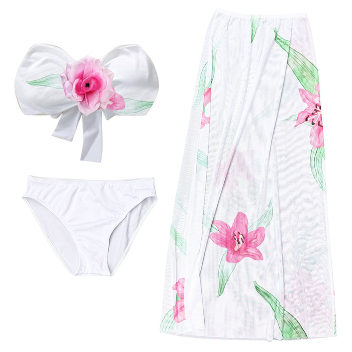 Wholesale Vacation style swimsuit set, three-dimensional flower strapless bikini three piece set