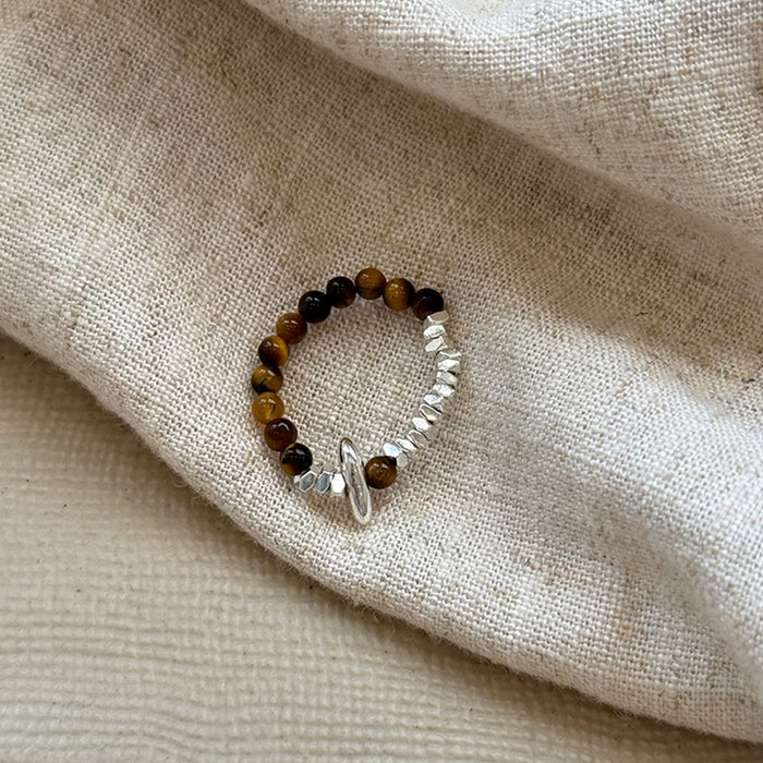Wholesale  Vintage brown tiger eye stone broken silver beaded ring Joker ring jewelry