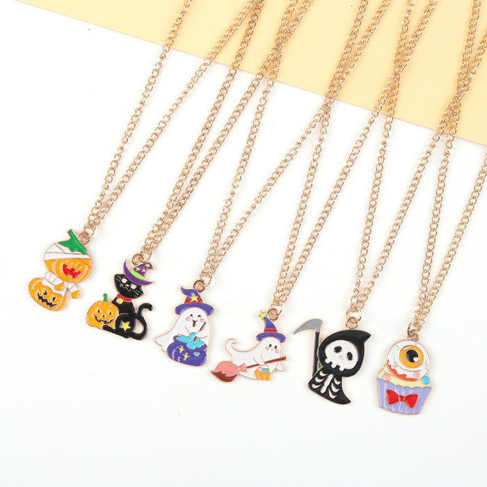 Wholesale Halloween Cartoon Ghost Black Cat Alloy Pendant Necklace JDC-NE-FuYu011