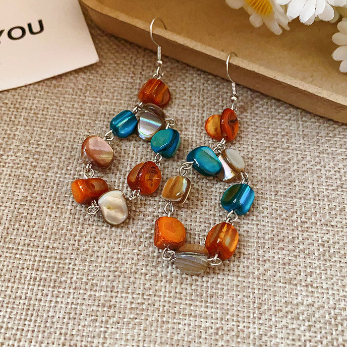 Wholesale Retro irregular shell square bead tassel earrings with light luxury, high-end feel, ear hooks, fashionable and versatile earrings