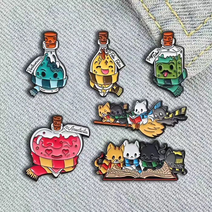 Wholesale Zinc Alloy Baked Enamel Cartoon Brooch Magic Potion Cat Book Bag Charm Decorative Gift MOQ≥2