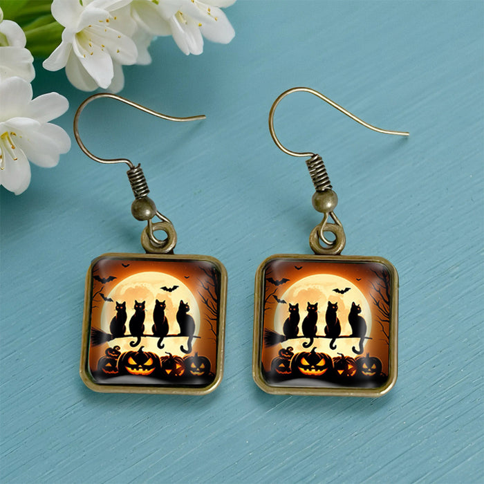 Wholesale  Black Cat Pumpkin Autumn Vintage Copper Square Time Gem Crystal Glass Earrings