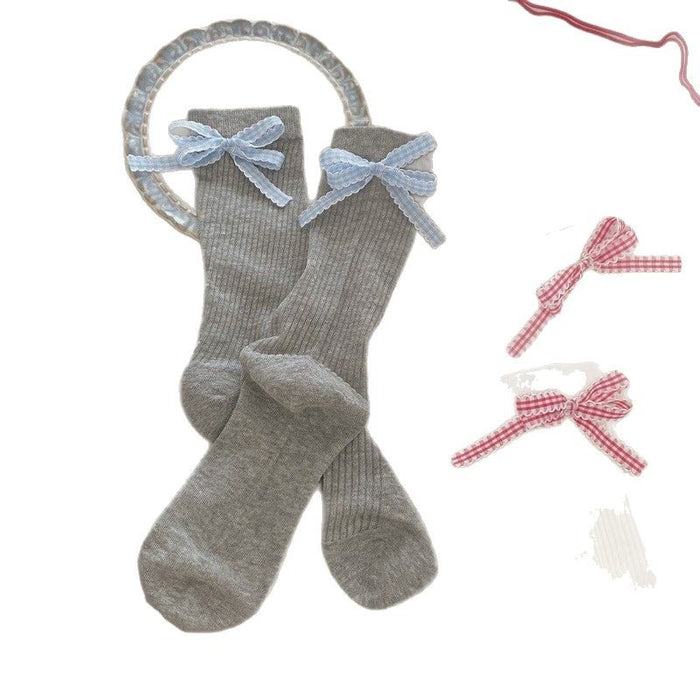 Wholesale Checkered bow, stacked socks, mid tube socks