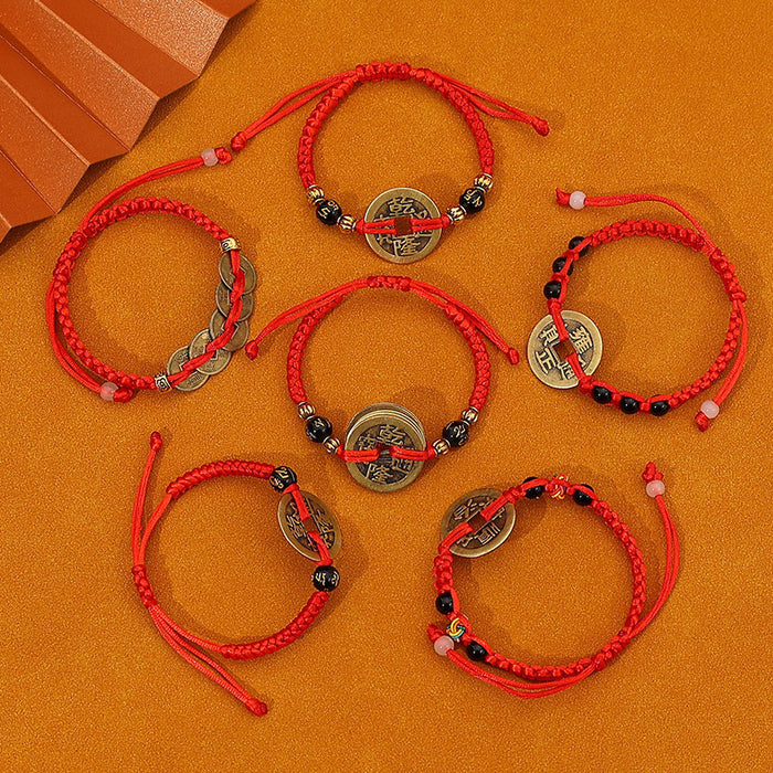 Wholesale Hand woven Five Emperors Money Red Rope Bracelet for the Year of Destiny, Attracting Wealth and Praying for Blessings, Copper Money Hand Rope Wholesale