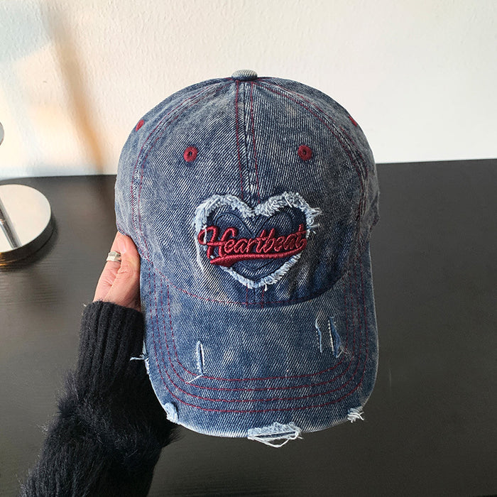 Wholesale Love washed denim baseball cap, retro distressed distressed, wide brim duckbill cap